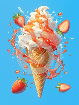 A strawberries topped soft serve ice cream cone with dynamic strawberry sauce splash against a blue backdrop