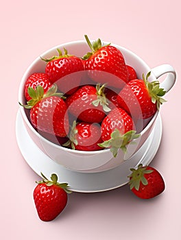 Strawberries in a white porcelain cup on a pink background