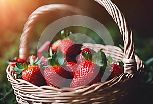 strawberries in a wicker basket on a grass surface