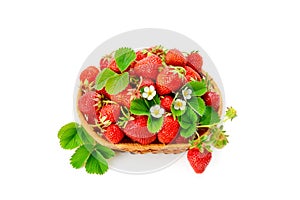 Strawberries in a wicker basket isolated on white background.