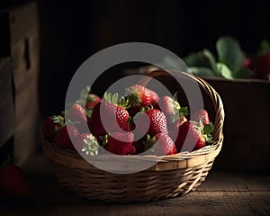 Strawberries in a wooden basket on a wooden table. A basket full of strawberries sitting on a table