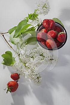 The Strawberry in an aluminum cup, white lilac on a white napkin on a white wooden table