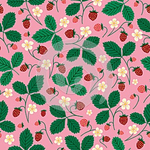 Strawberry Background with flowers, wild berries, leaves. Vector seamless texture illustration for summer cover, botanical