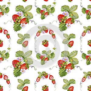 Strawberry Background with flowers, wild berries, leaves. Watercolor seamless texture illustration for summer cover