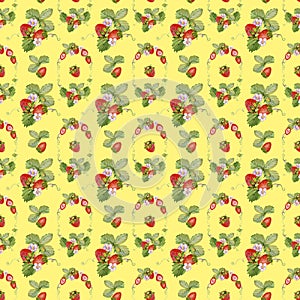 Strawberry Background with flowers, wild berries, leaves. Watercolor seamless texture illustration for summer cover