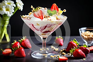 strawberry banana dessert martini glass full pieces fresh banana strawberries cream organic y