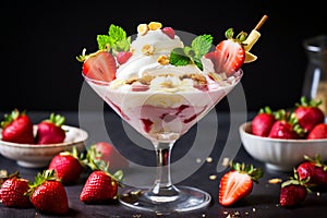 strawberry banana dessert martini glass full pieces fresh banana strawberries cream organic y