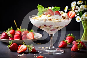 strawberry banana dessert martini glass full pieces fresh banana strawberries cream organic y