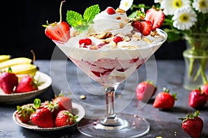 strawberry banana dessert martini glass full pieces fresh banana strawberries cream organic y