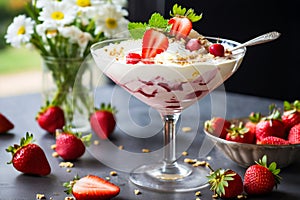 strawberry banana dessert martini glass full pieces fresh banana strawberries cream organic y