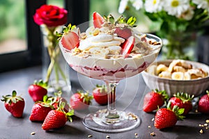 strawberry banana dessert martini glass full pieces fresh banana strawberries cream organic y