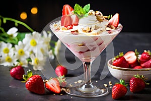 strawberry banana dessert martini glass full pieces fresh banana strawberries cream organic y