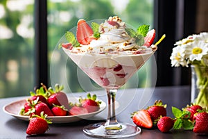 strawberry banana dessert martini glass full pieces fresh banana strawberries cream organic y