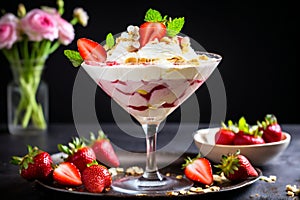 strawberry banana dessert martini glass full pieces fresh banana strawberries cream organic y