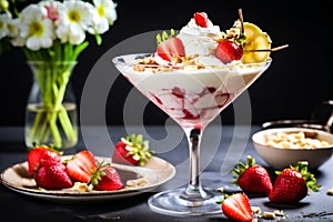 strawberry banana dessert martini glass full pieces fresh banana strawberries cream organic y