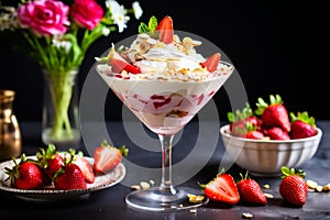 strawberry banana dessert martini glass full pieces fresh banana strawberries cream organic y