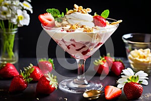 strawberry banana dessert martini glass full pieces fresh banana strawberries cream organic y