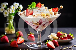 strawberry banana dessert martini glass full pieces fresh banana strawberries cream organic y