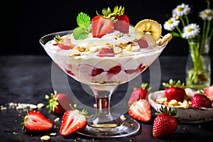 strawberry banana dessert martini glass full pieces fresh banana strawberries cream organic y