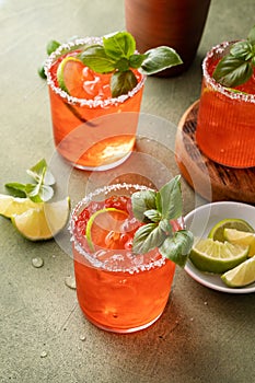 Strawberry basil margarita with lime and salted rim, spring or summer cocktail or mocktail