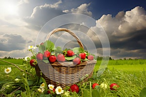 Strawberry basket on grass. Generate Ai