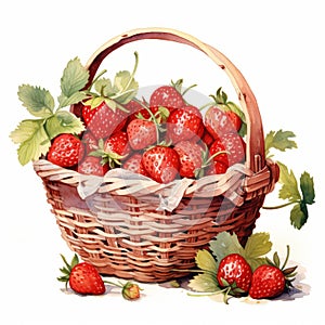 Strawberry Basket Watercolor Clipart With Plein-air Realism Style