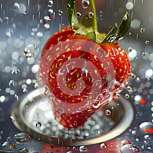 A strawberry is being drenched in water