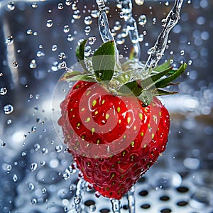 A strawberry is being drenched in water