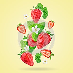 Strawberry berries levitating on a yellow background. Strawberry background.