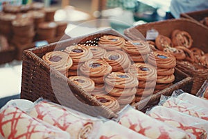 Strawberry biscuits on market table color graded