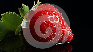 strawberry on a black background with water drops, close up