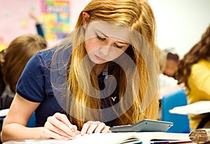 Strawberry blonde teenage girl doing math work
