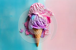 strawberry or blueberry favor ice cream in waffle cones on vivid background, top view still life, copy space, AI