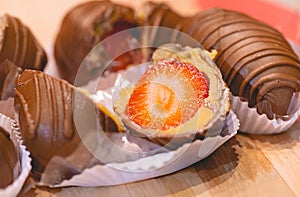 Strawberry bonbon in close-up photo. Brazilian sweet. photo