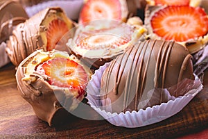 Strawberry bonbon in close-up photo. Brazilian sweet. photo