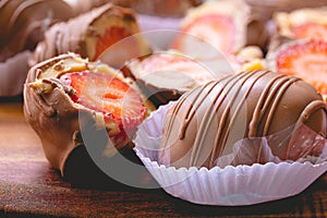 Strawberry bonbon in close-up photo. Brazilian sweet. photo