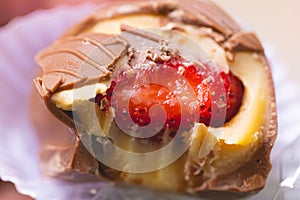 Strawberry bonbon in close-up photo. Brazilian sweet. photo