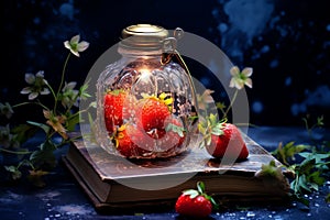 Strawberry book of recipies fairy with lantern Photo, Cottagecore simple living