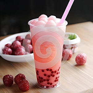 Strawberry Bubble tea or a bubble milk tea in disposable tall plastic cup with drinking straw. Tea-based drink with vegan milk,