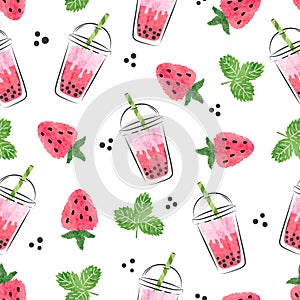 Strawberry bubble tea seamless pattern. Vector background with fruit boba