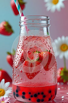 Strawberry Bubbly Drink Glass Bottle Summer Refreshment photo