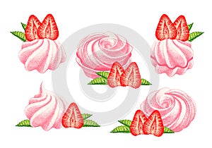 Strawberry cake. Airy meringue, marshmallow, zefir. Sweetness, dessert with strawberries flavor. Hand drawn vector