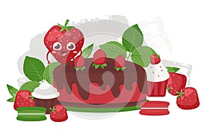 Strawberry cake with chocolate, bread set vector illustration. Mint sweet pastry, quality product. Strawberry character
