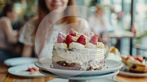 Strawberry Cake Close-up with Woman in Background. insulin resistance and sweets