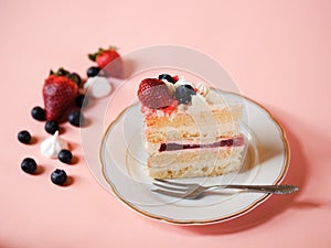 Strawberry cake, home made layered cake dessert.