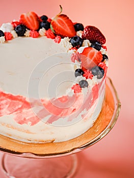 Strawberry cake, home made layered cake dessert.