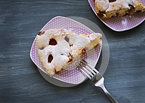 Strawberry cake on lilac plate