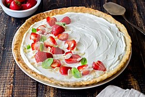 Strawberry cake with mascarpone cheese, almonds and mint. Tart. Cheesecake. Pie. Vegetarian food. Recipe