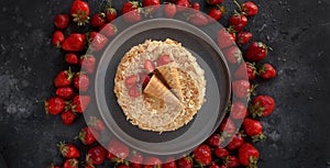 Strawberry cake, Napoleon, Millefeuille, Cream slice cake on dark background, Handmade dessert, Confectionery, Topview, Flatlay