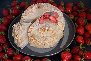 Strawberry cake, Napoleon, Millefeuille, Cream slice cake on dark background, Handmade dessert, Confectionery